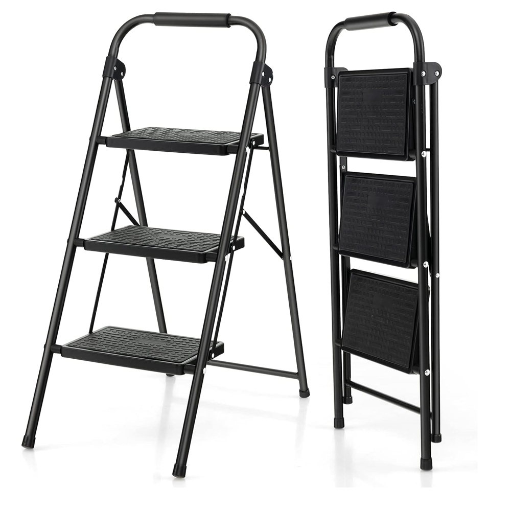 Folding Step Ladder, 3-Step/4-Step Ladder w/Tool Tray, Non-Slip Footpads & Pedals, Cozy Padded Handgrip, Sturdy Metal Frame, 150kg Max Load, Stool for Home Office, Black