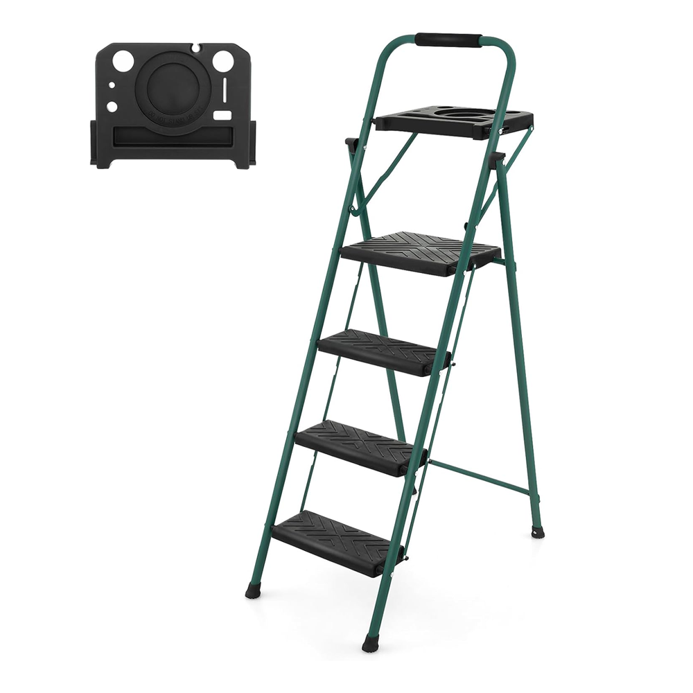 Folding Step Ladder, 3-Step/4-Step Ladder w/Tool Tray, Non-Slip Footpads & Pedals, Cozy Padded Handgrip, Sturdy Metal Frame, 150kg Max Load, Stool for Home Office, Black