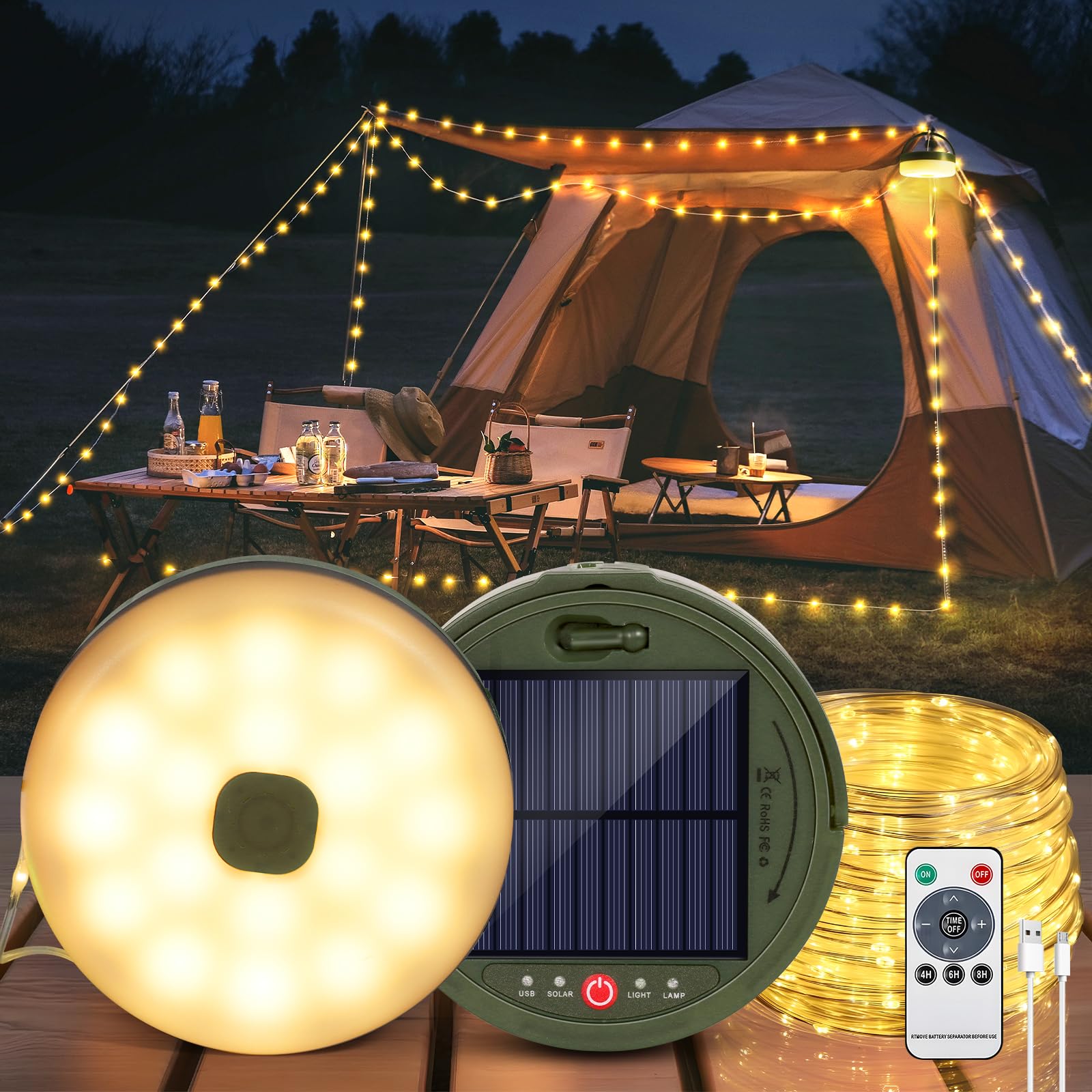 Solar Camping String Light, 12.8 M  Solar Portable Waterproof Camping Lights with Remote, USB Type-C Rechargeable Portable Camping Lights with 8 Lighting Modes for Garden Party Decorations