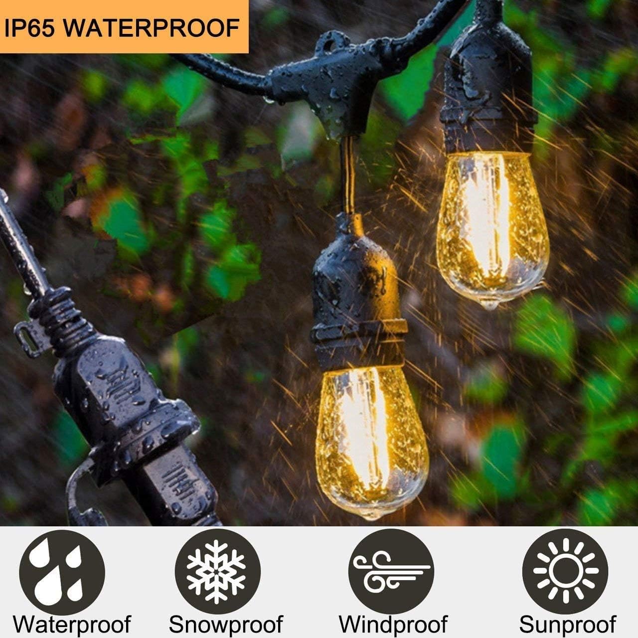 Solar String Lights - 48 ft S14 LED Outdoor IP65 Commercial Grade Heavy Duty Festoon String Light