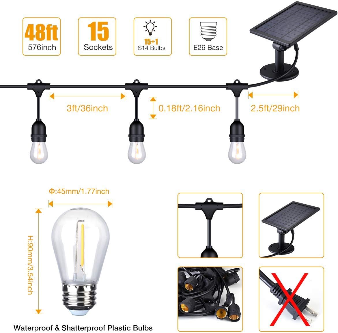 Solar String Lights - 48 ft S14 LED Outdoor IP65 Commercial Grade Heavy Duty Festoon String Light