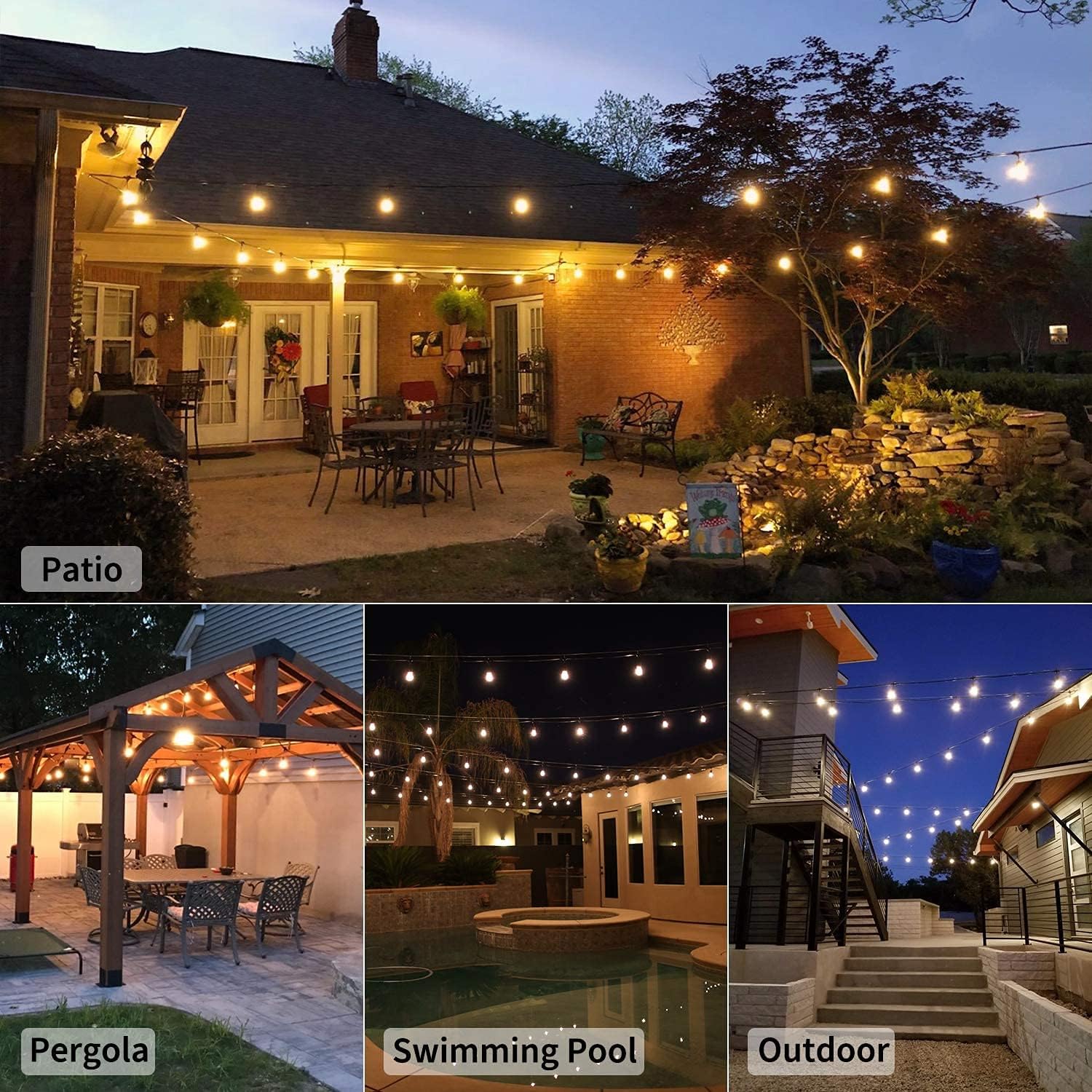 Solar Festoon String Lights Outdoor - Waterproof S14 Bulbs for Backyard & Patio (3 Year Warranty)