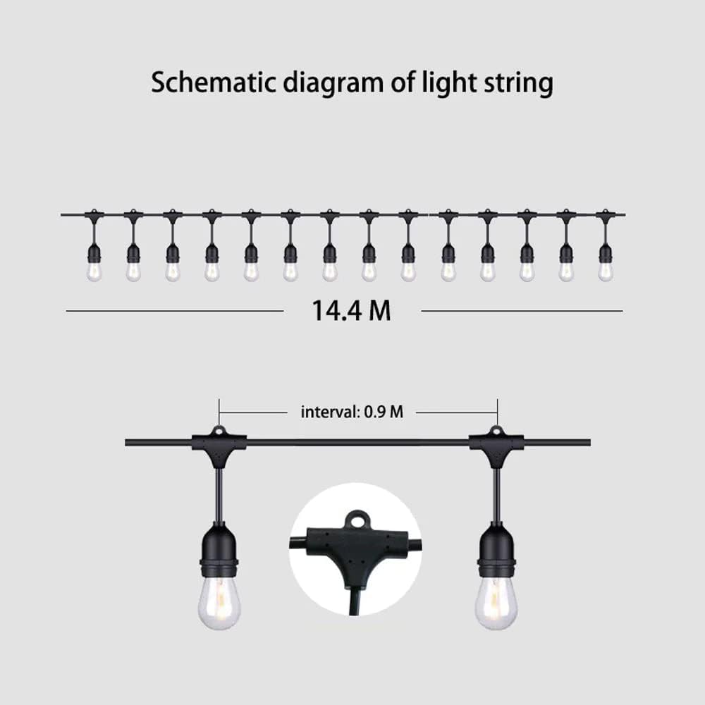 Solar String Lights - 48 ft S14 LED Outdoor IP65 Commercial Grade Heavy Duty Festoon String Light