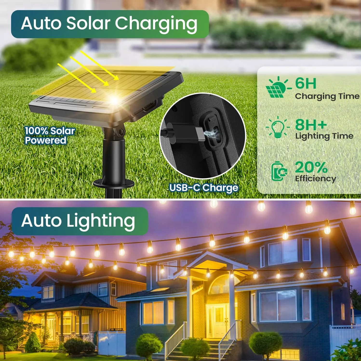 15LED 48FT Solar Festoon String Lights Wedding Party Lights WaterProof Outdoor