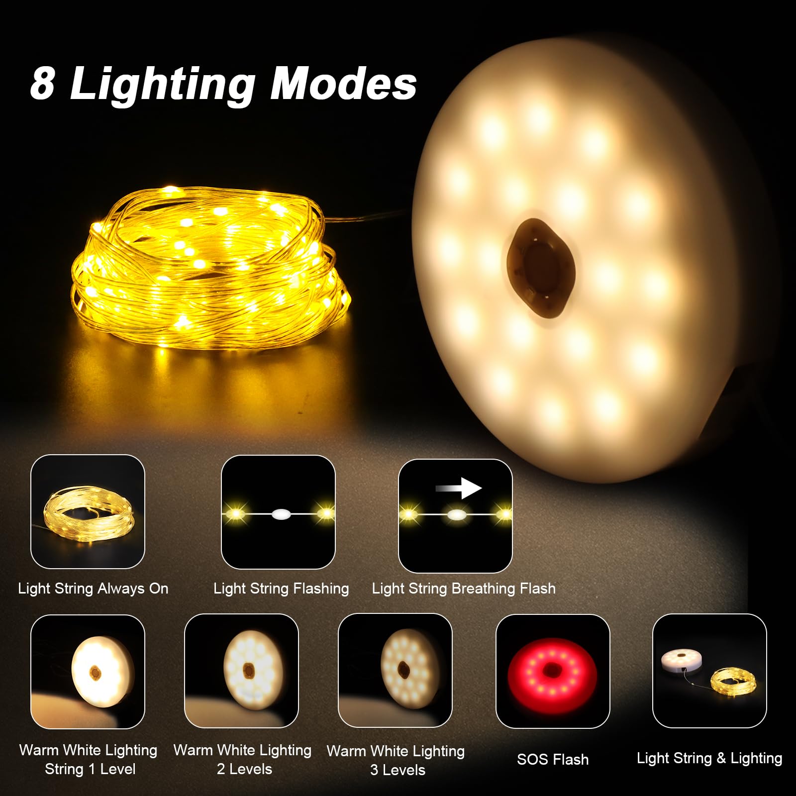 Solar Camping String Light, 12.8 M  Solar Portable Waterproof Camping Lights with Remote, USB Type-C Rechargeable Portable Camping Lights with 8 Lighting Modes for Garden Party Decorations