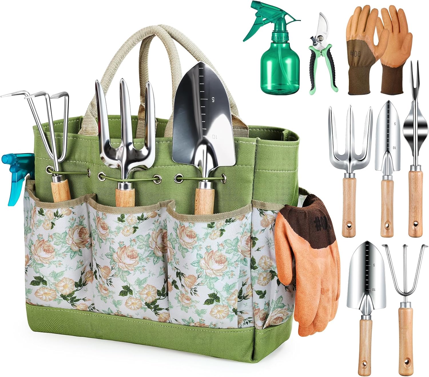 9-Piece Heavy Duty Gardening Hand Tools with Fashion and Durable Garden Tools Organizer Handbag,Rust-Proof Garden Tool Set, Ideal Gardening Gifts for Women