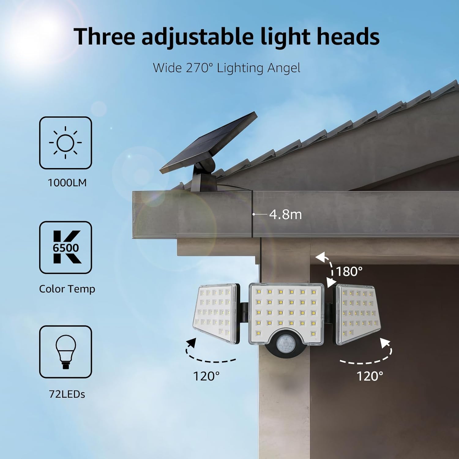Solar Security Lights Outdoor Motion Sensor, 1200LM Solar Flood Lights with Separate Solar Panel, IP65 Waterproof, Adjustable 3Heads, Solar Pir Wall Lights for Yard Garage Pathway