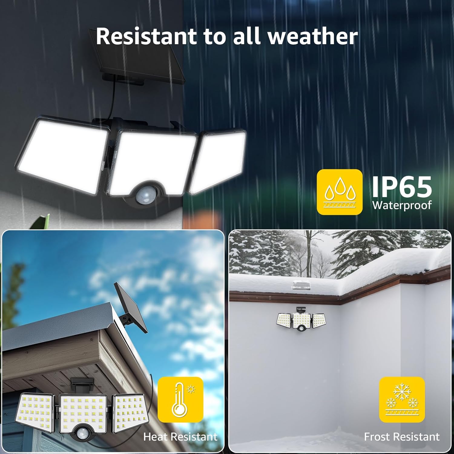 Solar Security Lights Outdoor Motion Sensor, 1200LM Solar Flood Lights with Separate Solar Panel, IP65 Waterproof, Adjustable 3Heads, Solar Pir Wall Lights for Yard Garage Pathway