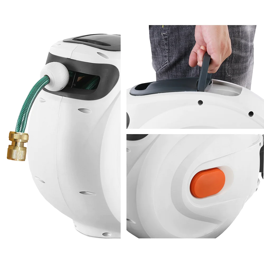 30M Retractable Garden Water Hose Reel Auto Rewind Wall Mount w/ Metal Spray Gun
