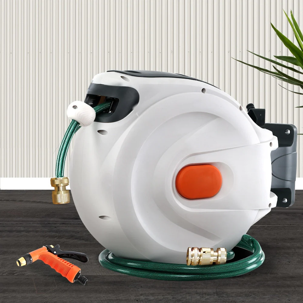 30M Retractable Garden Water Hose Reel Auto Rewind Wall Mount w/ Metal Spray Gun