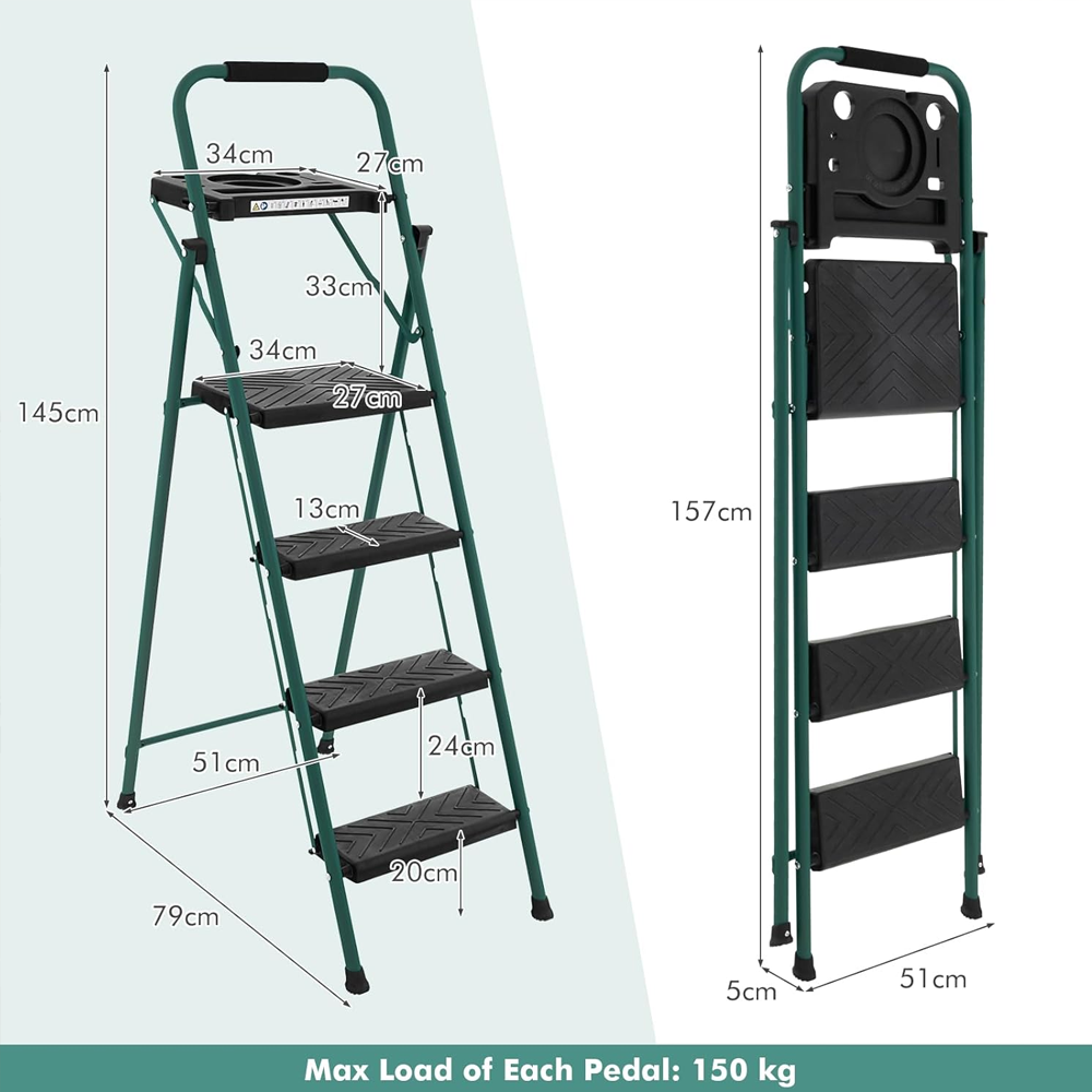 Folding Step Ladder, 3-Step/4-Step Ladder w/Tool Tray, Non-Slip Footpads & Pedals, Cozy Padded Handgrip, Sturdy Metal Frame, 150kg Max Load, Stool for Home Office, Black