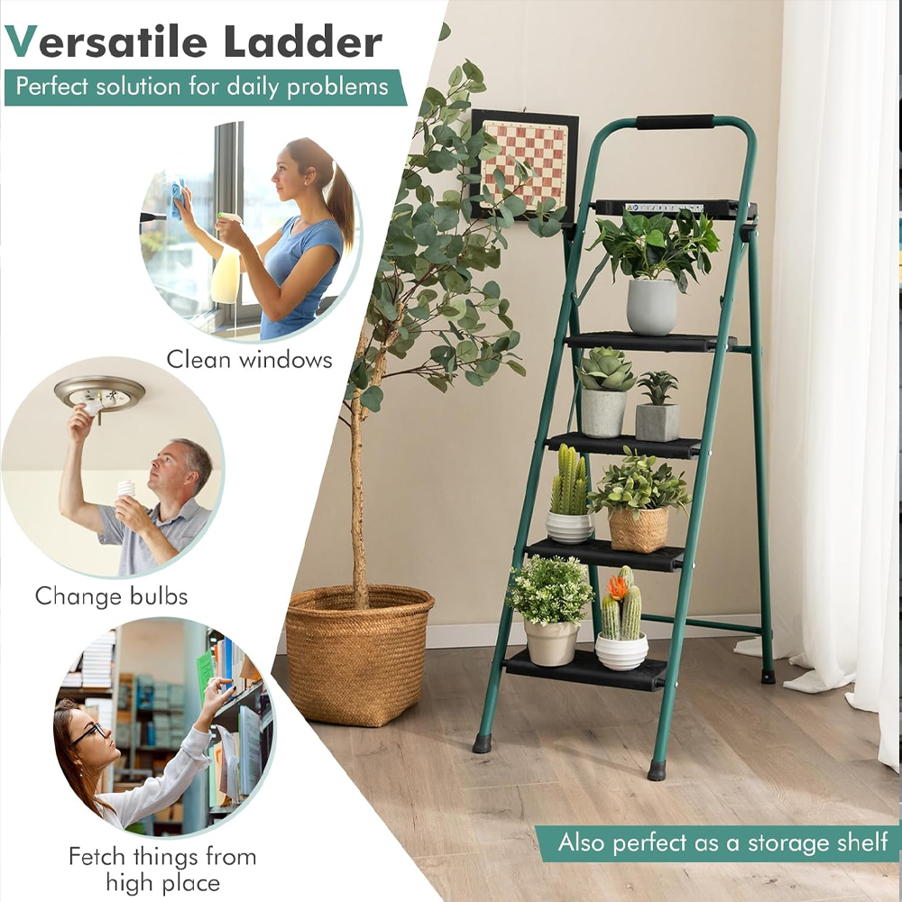 Folding Step Ladder, 3-Step/4-Step Ladder w/Tool Tray, Non-Slip Footpads & Pedals, Cozy Padded Handgrip, Sturdy Metal Frame, 150kg Max Load, Stool for Home Office, Black