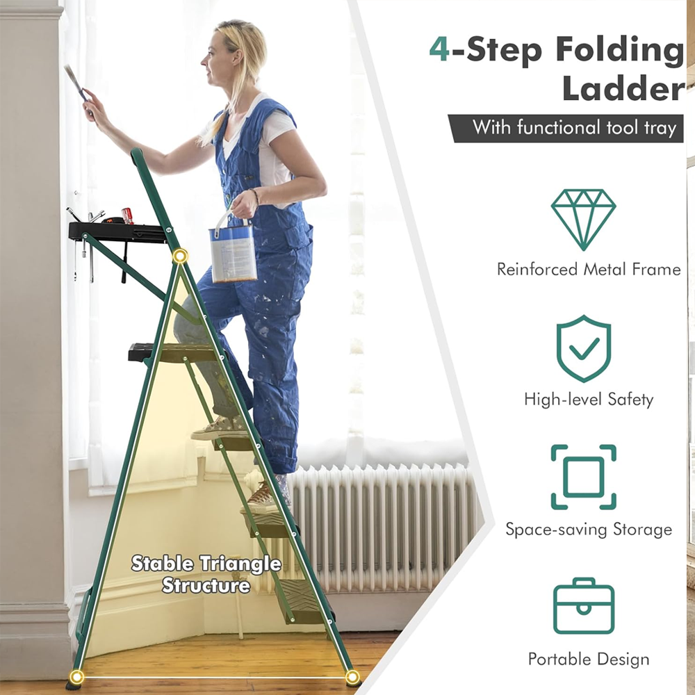 Folding Step Ladder, 3-Step/4-Step Ladder w/Tool Tray, Non-Slip Footpads & Pedals, Cozy Padded Handgrip, Sturdy Metal Frame, 150kg Max Load, Stool for Home Office, Black