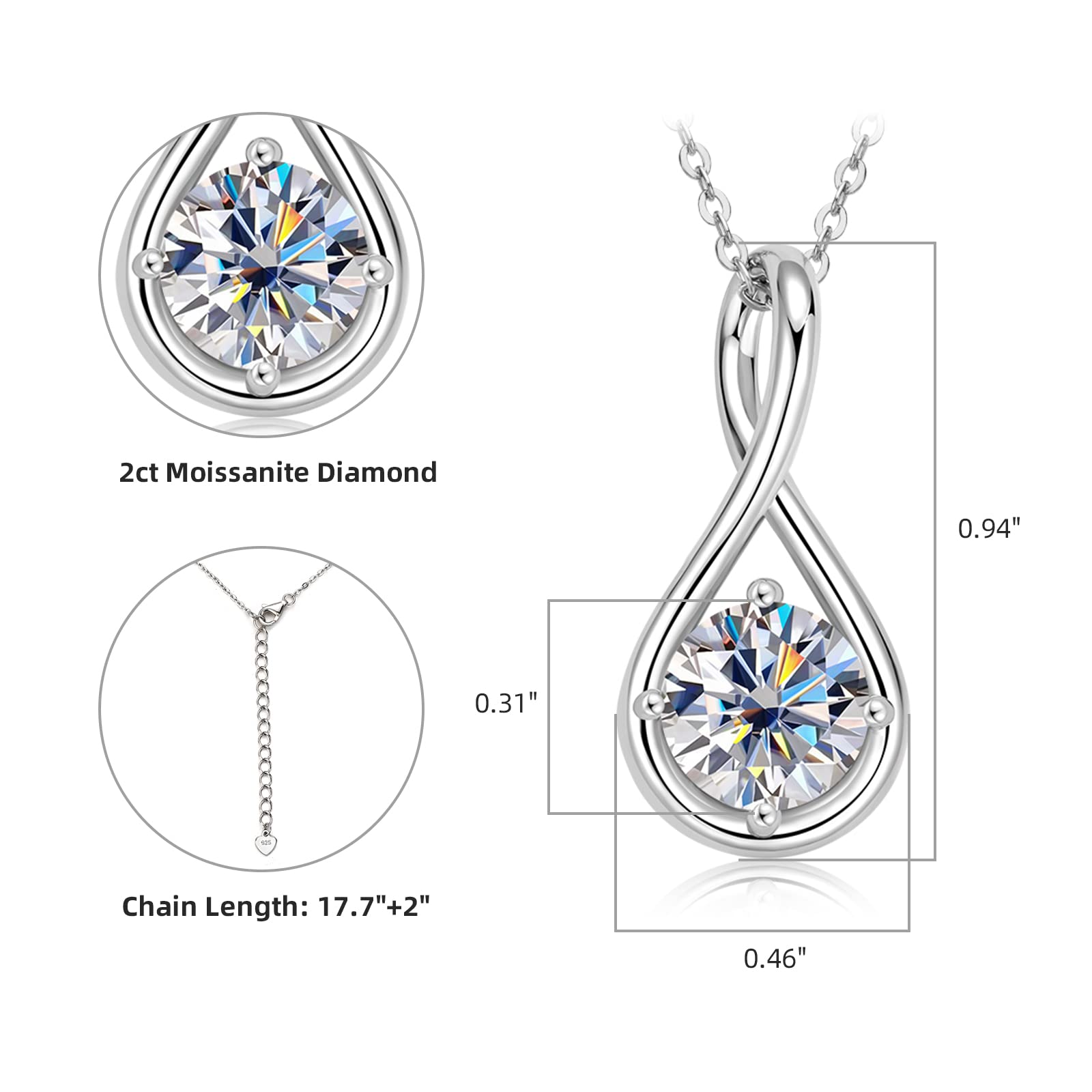 WHEN YOU SPEND 200 AUD FREE Moissanite Necklaces for Women, 925 Sterling Silver Moissanite Pendant Necklace 2ct D Color VVS1 Clarity, White Gold Plated Dainty Necklace for Women Jewelry Gifts