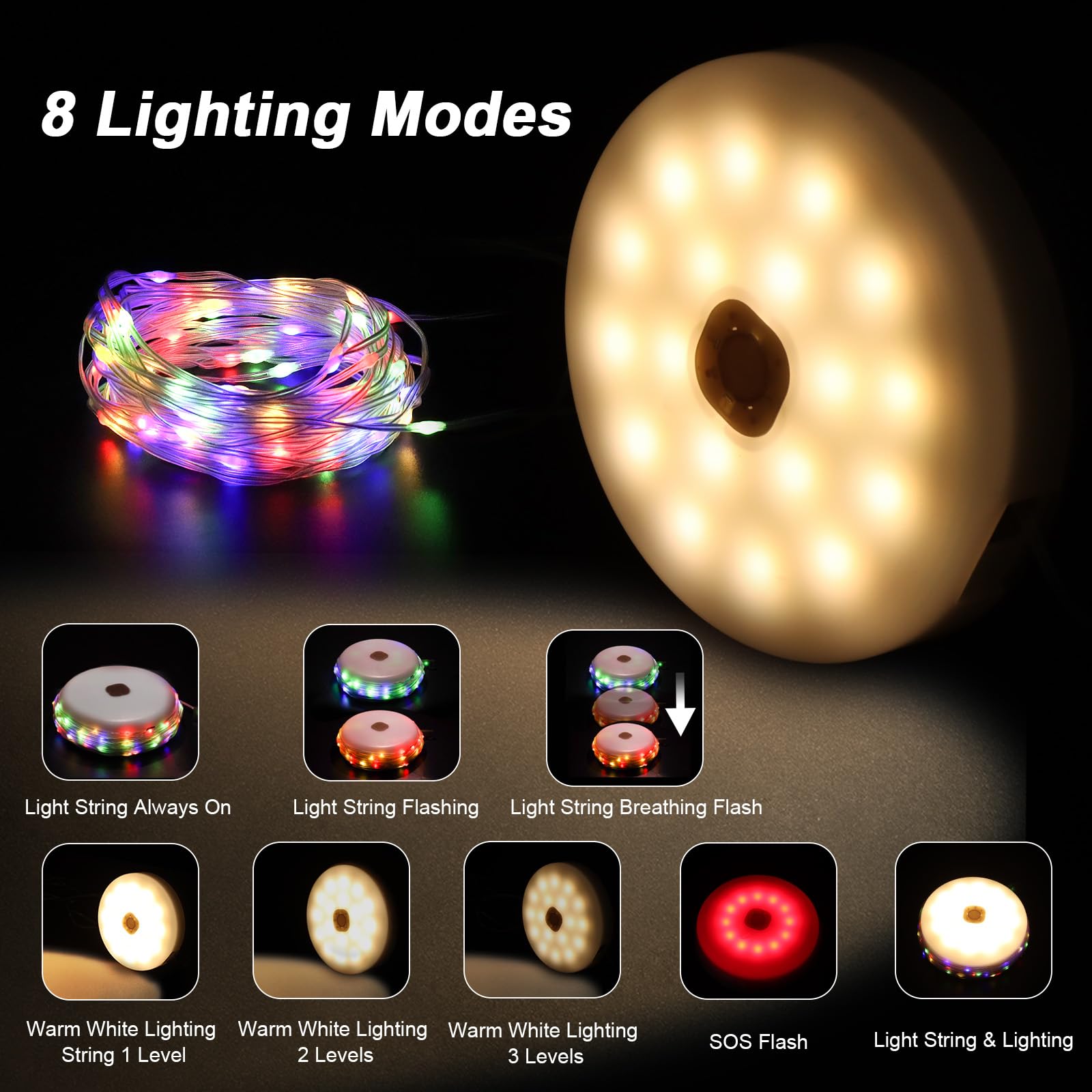 Solar Camping String Light, 12.8 M  Solar Portable Waterproof Camping Lights with Remote, USB Type-C Rechargeable Portable Camping Lights with 8 Lighting Modes for Garden Party Decorations