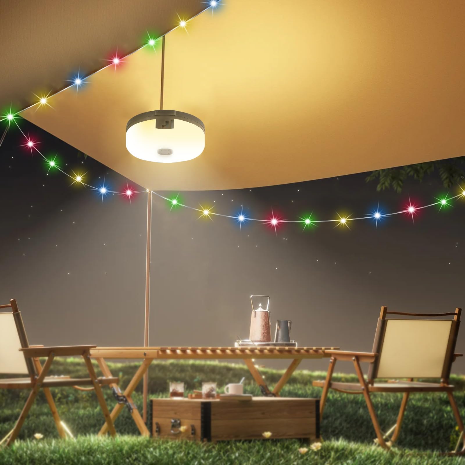 Solar Camping String Light, 12.8 M  Solar Portable Waterproof Camping Lights with Remote, USB Type-C Rechargeable Portable Camping Lights with 8 Lighting Modes for Garden Party Decorations