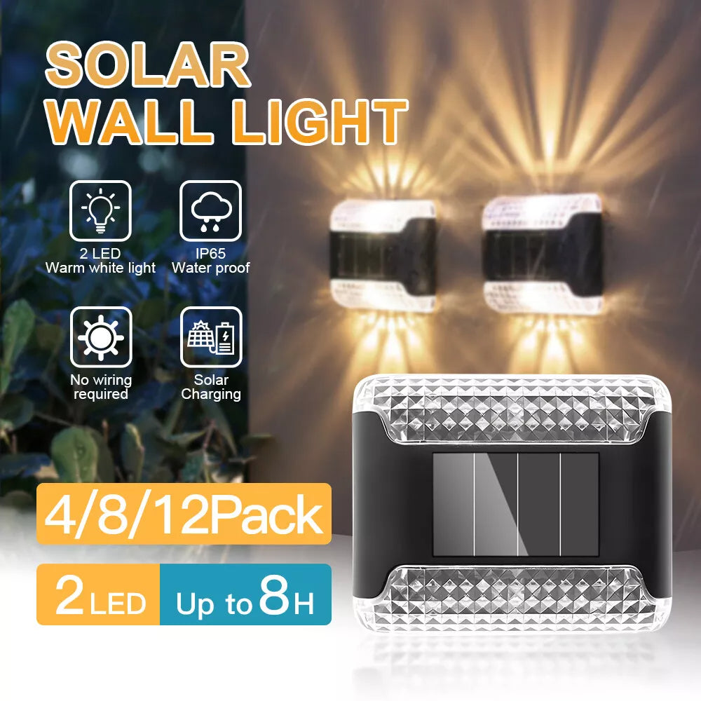 Solar Outdoor Wall Light - Waterproof Solar Fence and Wall Lighting, 4 Pieces Long Life LED Light for Garden, Patio, Fence, Landscaping