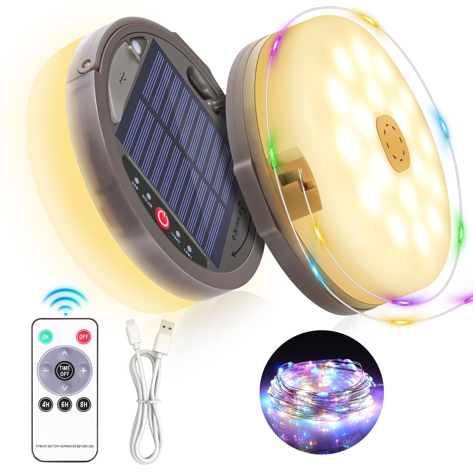Solar Camping String Light, 12.8 M  Solar Portable Waterproof Camping Lights with Remote, USB Type-C Rechargeable Portable Camping Lights with 8 Lighting Modes for Garden Party Decorations