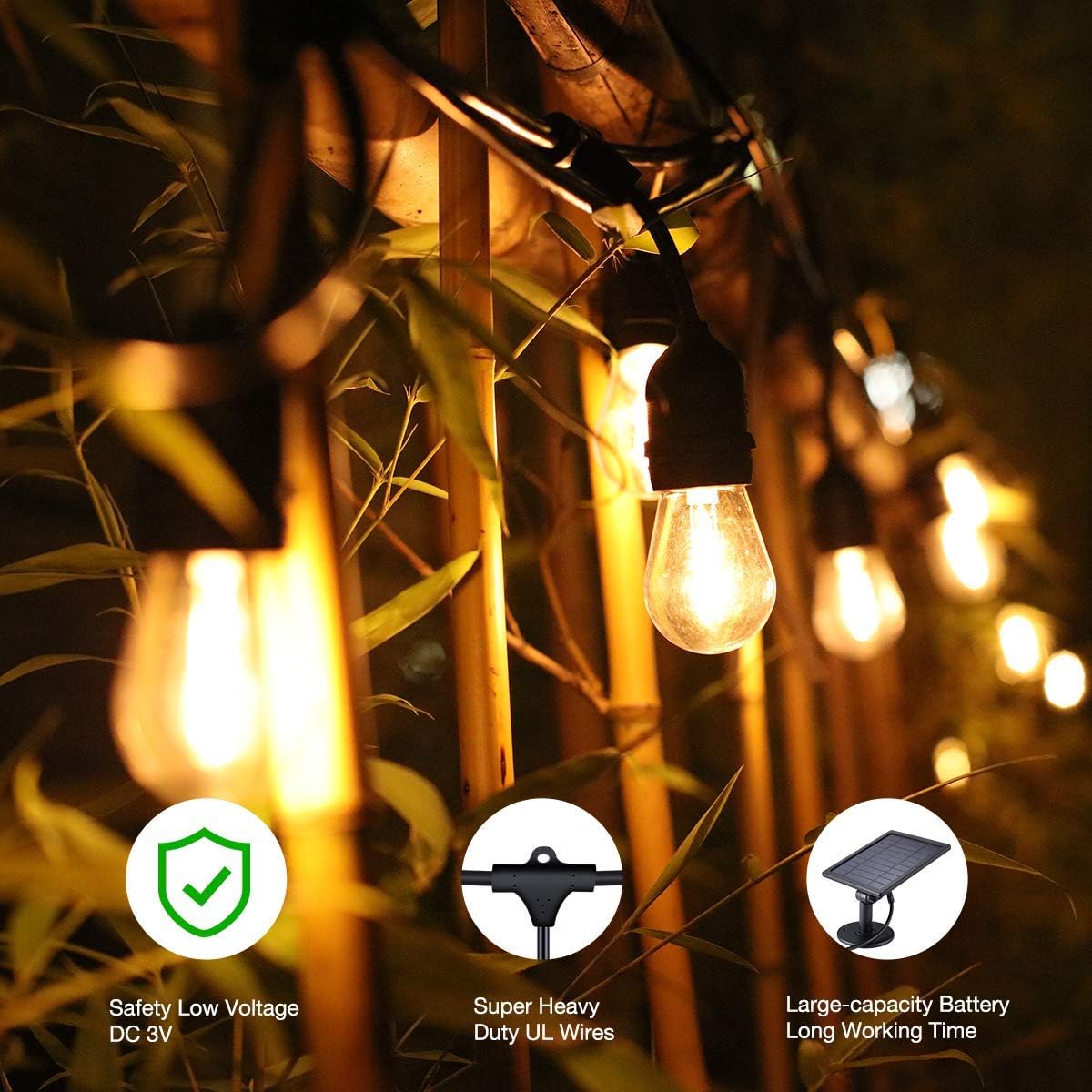 Solar String Lights - 48 ft S14 LED Outdoor IP65 Commercial Grade Heavy Duty Festoon String Light