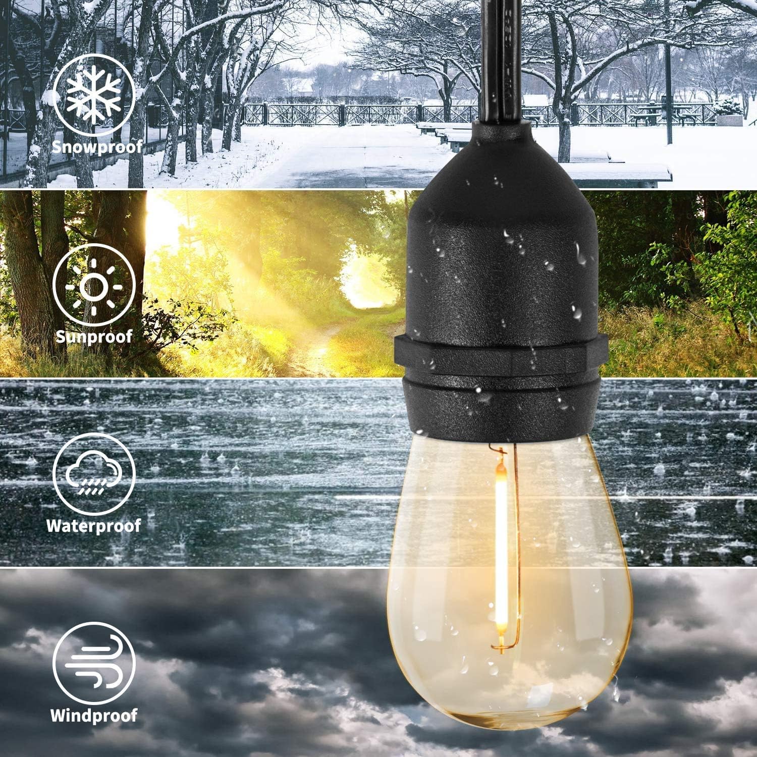 Solar String Lights - 48 ft S14 LED Outdoor IP65 Commercial Grade Heavy Duty Festoon String Light