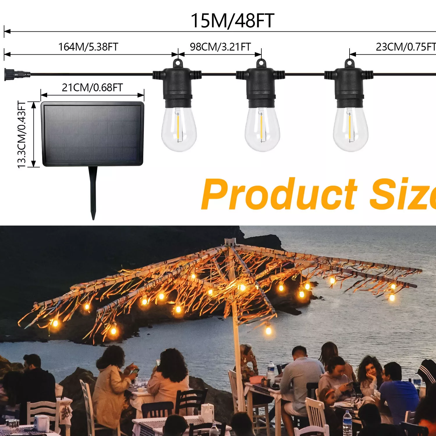 15LED 48FT Solar Festoon String Lights Wedding Party Lights WaterProof Outdoor