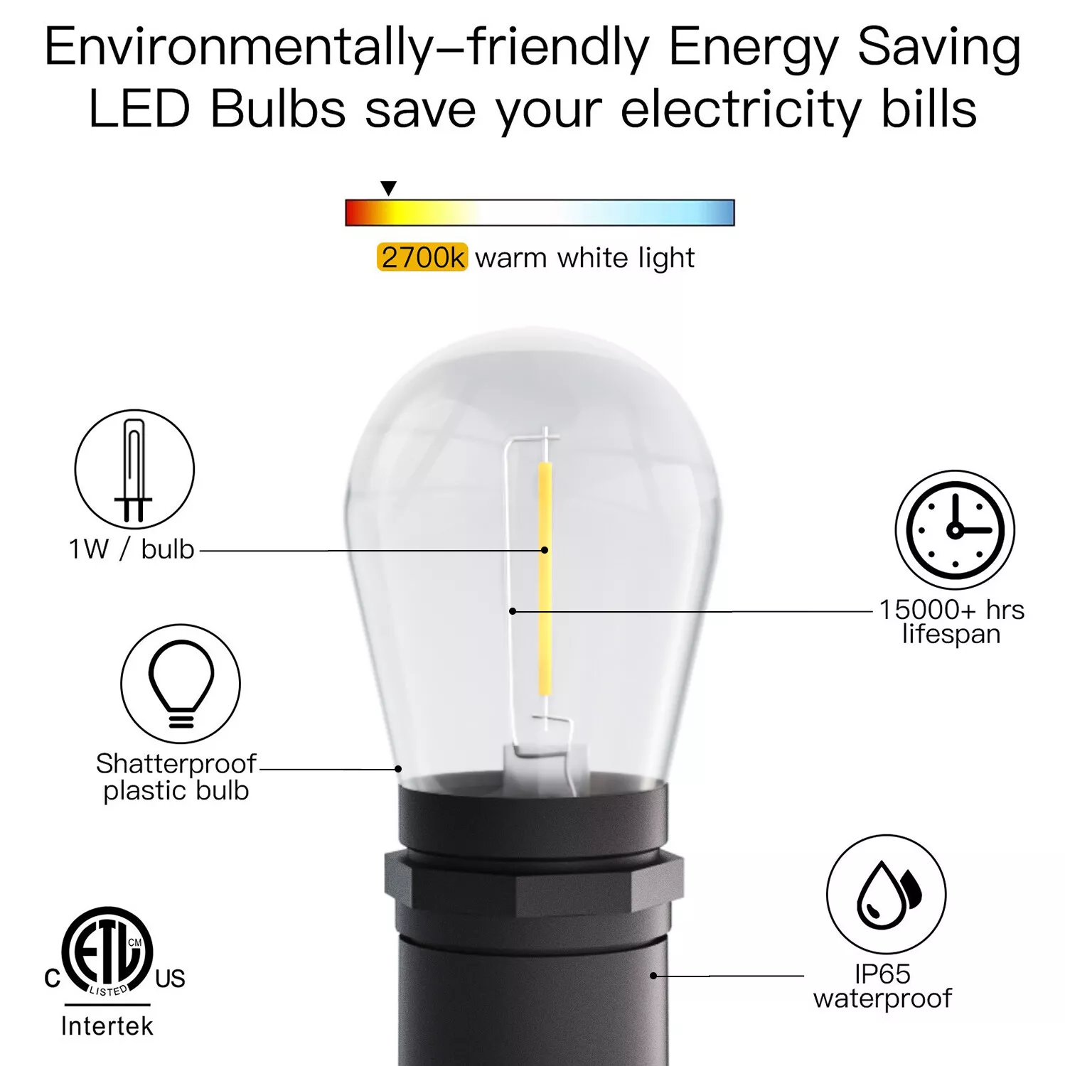 15LED 48FT Solar Festoon String Lights Wedding Party Lights WaterProof Outdoor