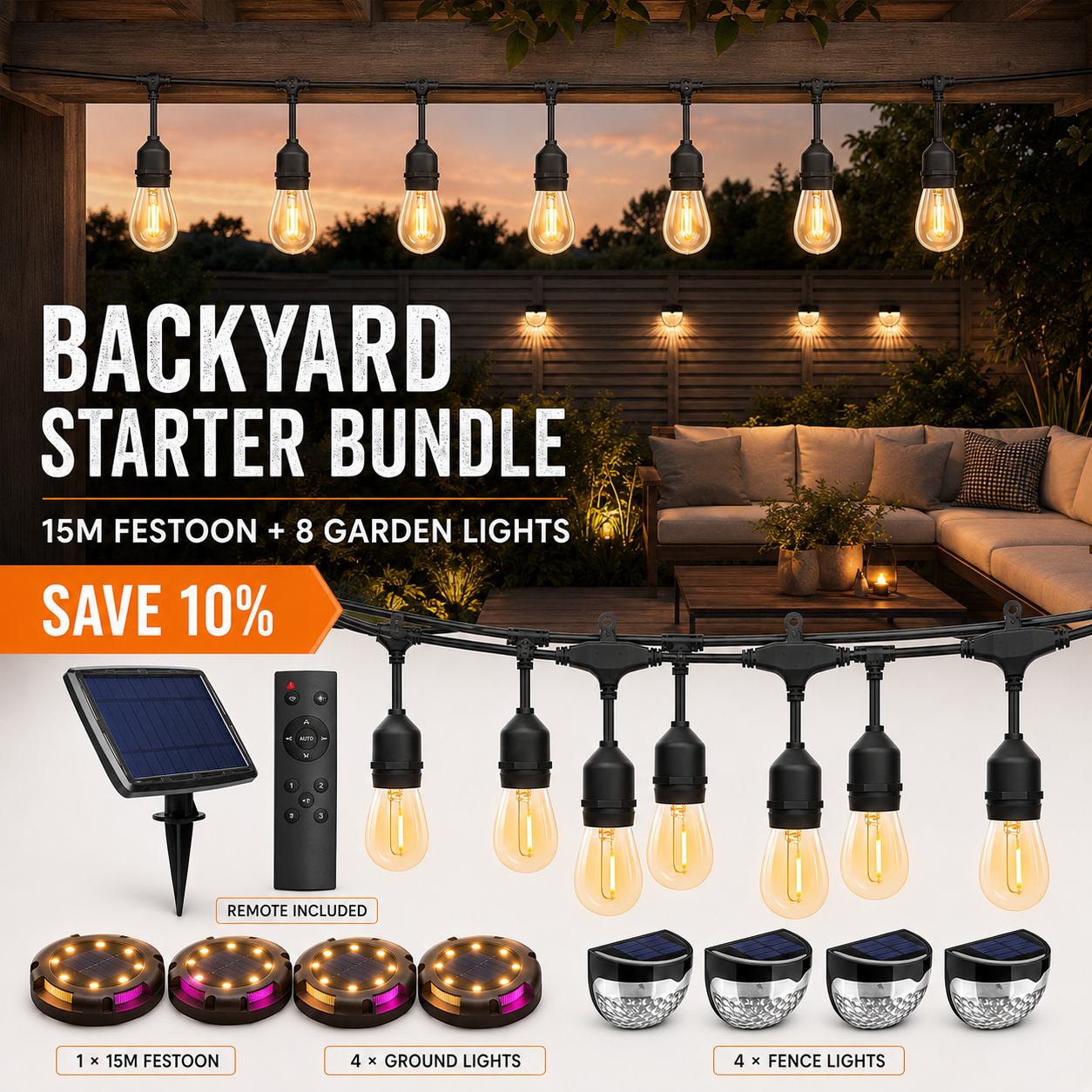 Backyard Starter Bundle – 15M Festoon + 8 Garden Lights
