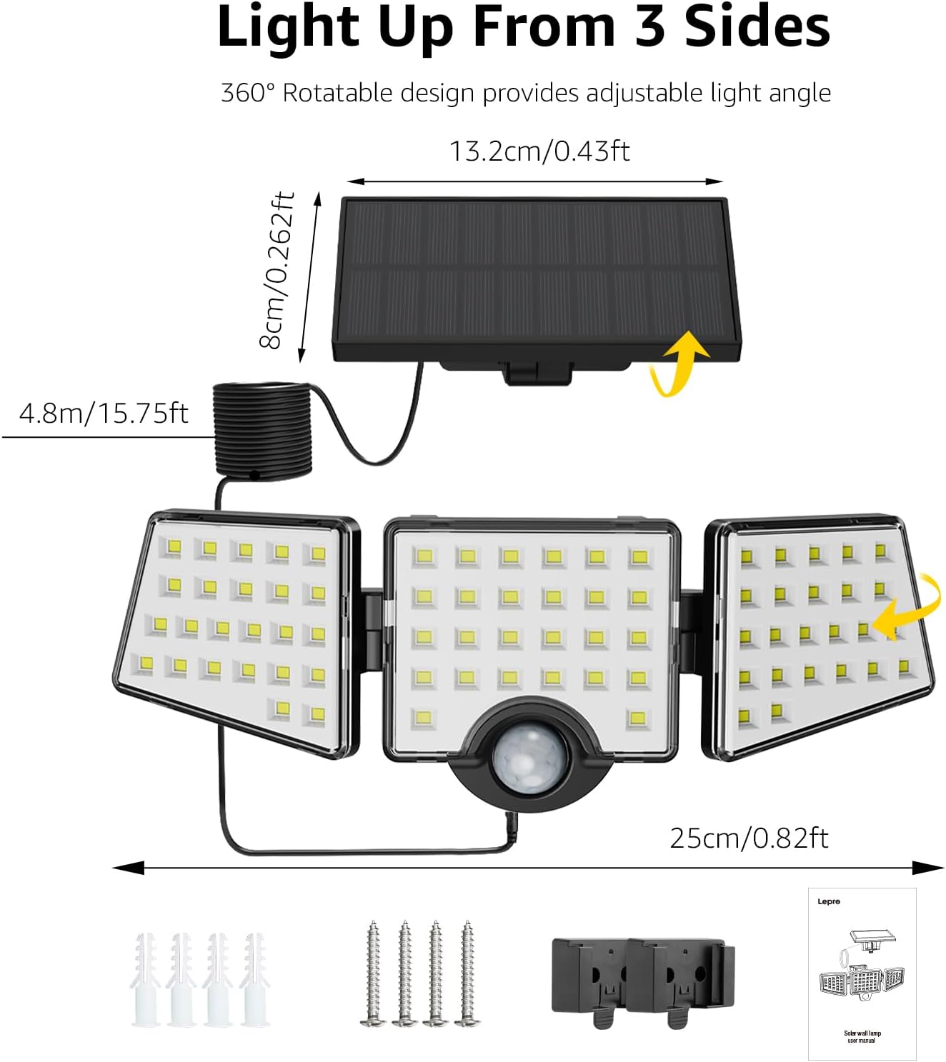 Solar Security Lights Outdoor Motion Sensor, 1200LM Solar Flood Lights with Separate Solar Panel, IP65 Waterproof, Adjustable 3Heads, Solar Pir Wall Lights for Yard Garage Pathway