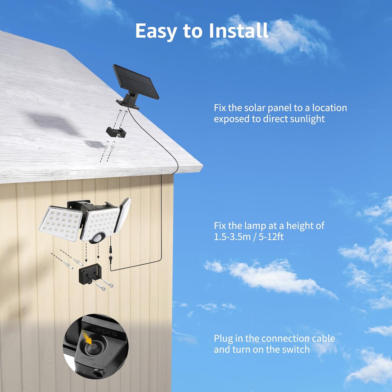 Solar Security Lights Outdoor Motion Sensor, 1200LM Solar Flood Lights with Separate Solar Panel, IP65 Waterproof, Adjustable 3Heads, Solar Pir Wall Lights for Yard Garage Pathway