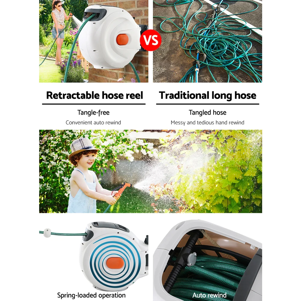 30M Retractable Garden Water Hose Reel Auto Rewind Wall Mount w/ Metal Spray Gun